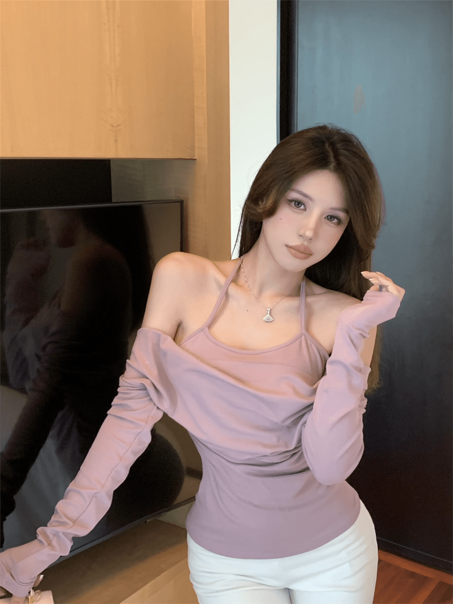 실사 정가 단색 품격 오프숄더 행침 목 페이크 레이어드 몸매 가꾸기 긴팔 상세 이미지 3