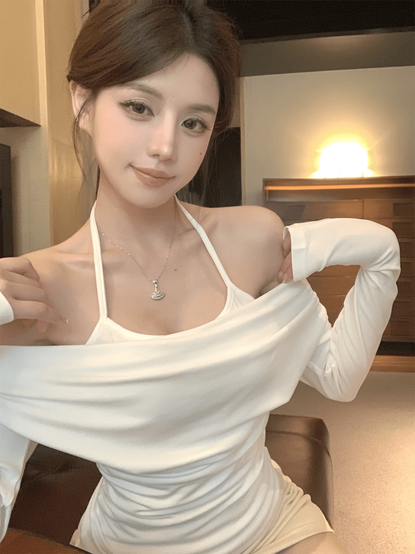 실사 정가 단색 품격 오프숄더 행침 목 페이크 레이어드 몸매 가꾸기 긴팔 상세 이미지 6