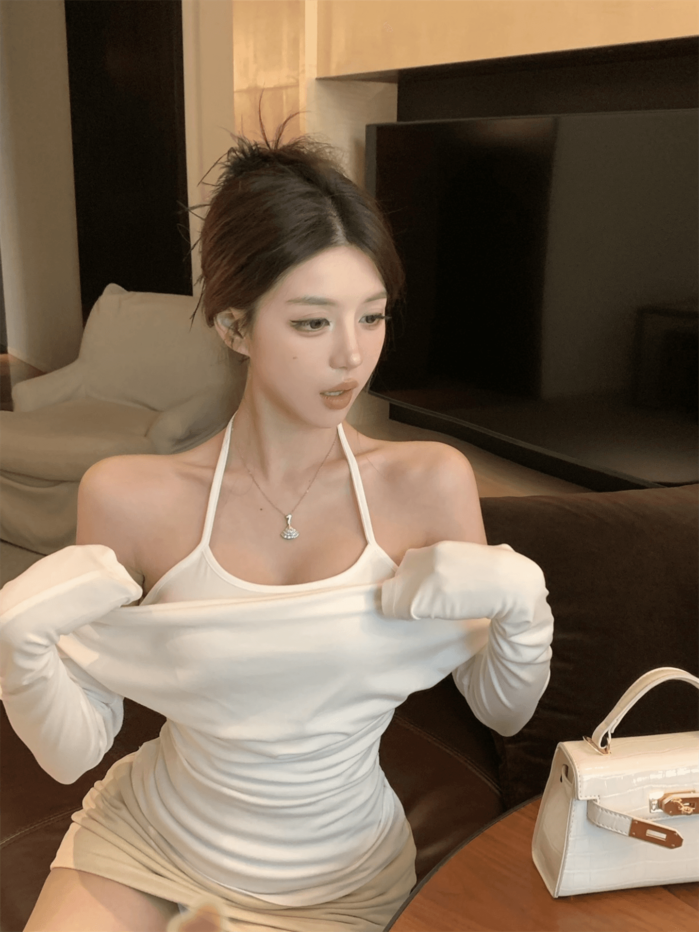 실사 정가 단색 품격 오프숄더 행침 목 페이크 레이어드 몸매 가꾸기 긴팔 상세 이미지 9