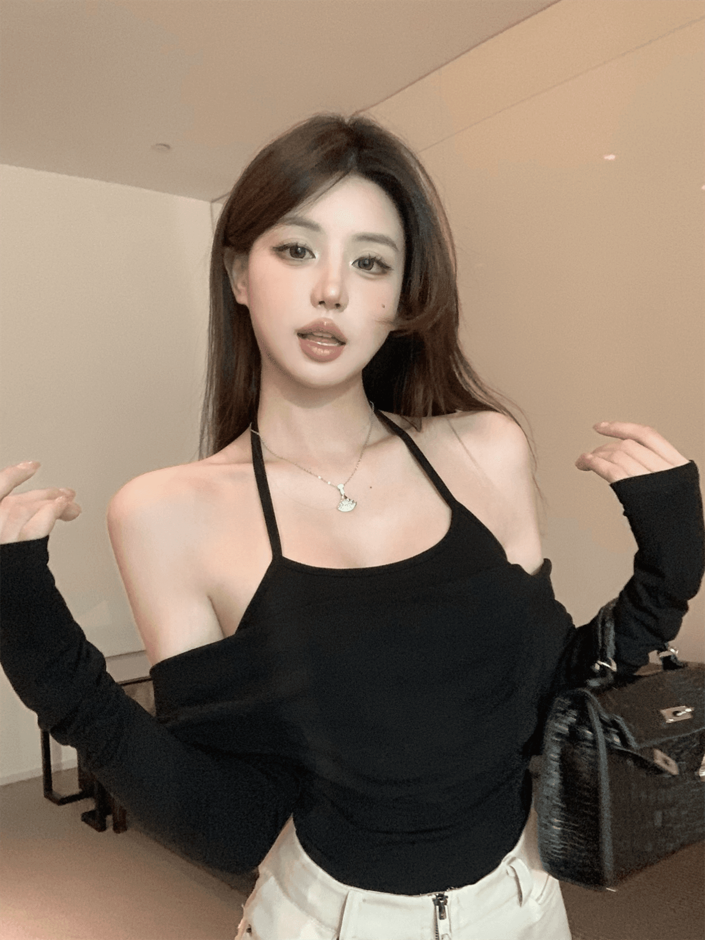 실사 정가 단색 품격 오프숄더 행침 목 페이크 레이어드 몸매 가꾸기 긴팔 상세 이미지 11