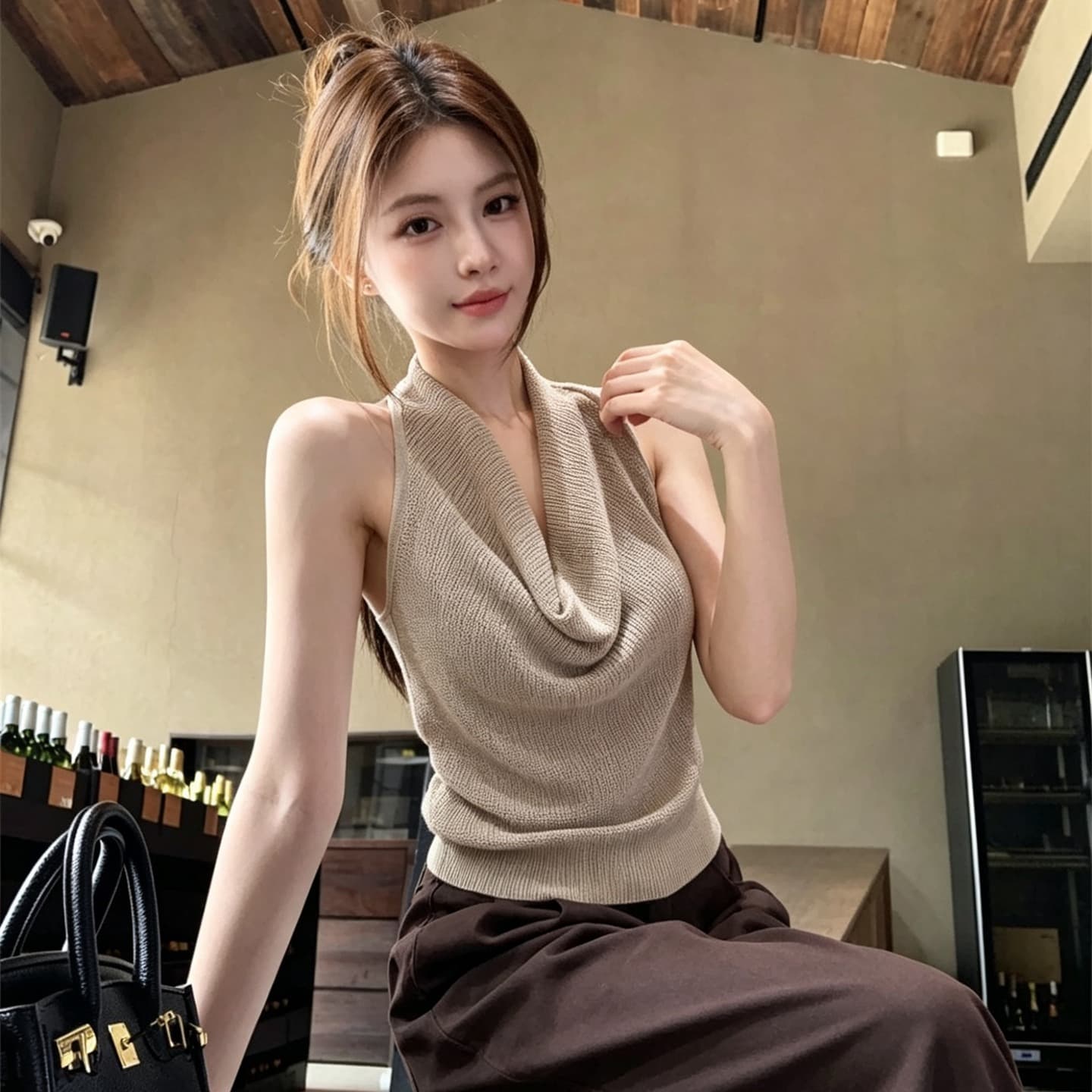 실사 정가 품격 행침 목 흔들다 칼라 매듭 백리스 슬림해 보이는 니트 조끼 이미지 5