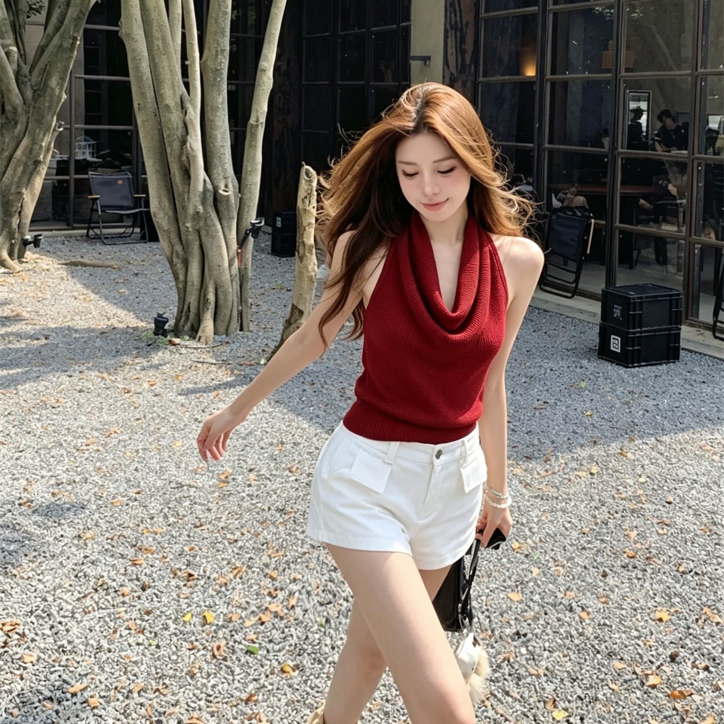 실사 정가 품격 행침 목 흔들다 칼라 매듭 백리스 슬림해 보이는 니트 조끼 이미지 5