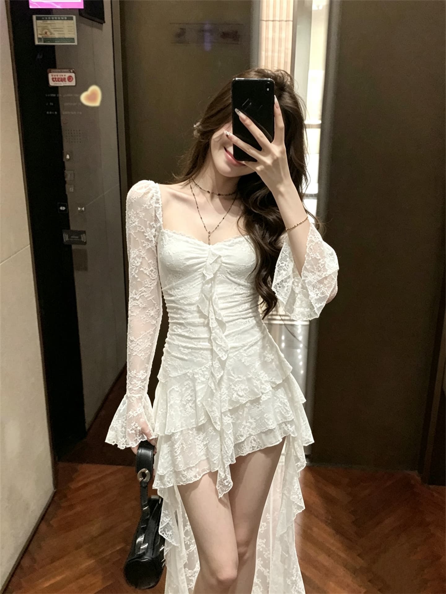 실사 정가 레이스 광장 칼라 긴팔 패치워크 몸매 가꾸기 불규칙 롱 코트 드레스 이미지 4