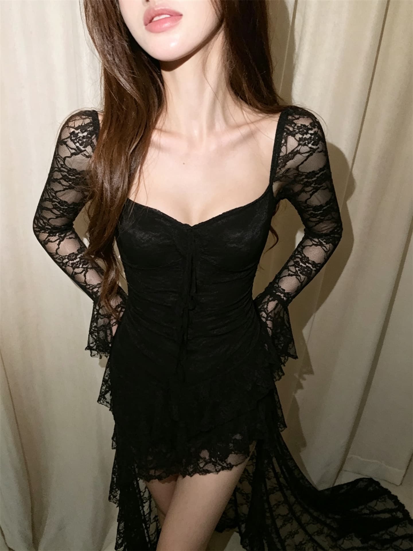 실사 정가 레이스 광장 칼라 긴팔 패치워크 몸매 가꾸기 불규칙 롱 코트 드레스 상세 이미지 4