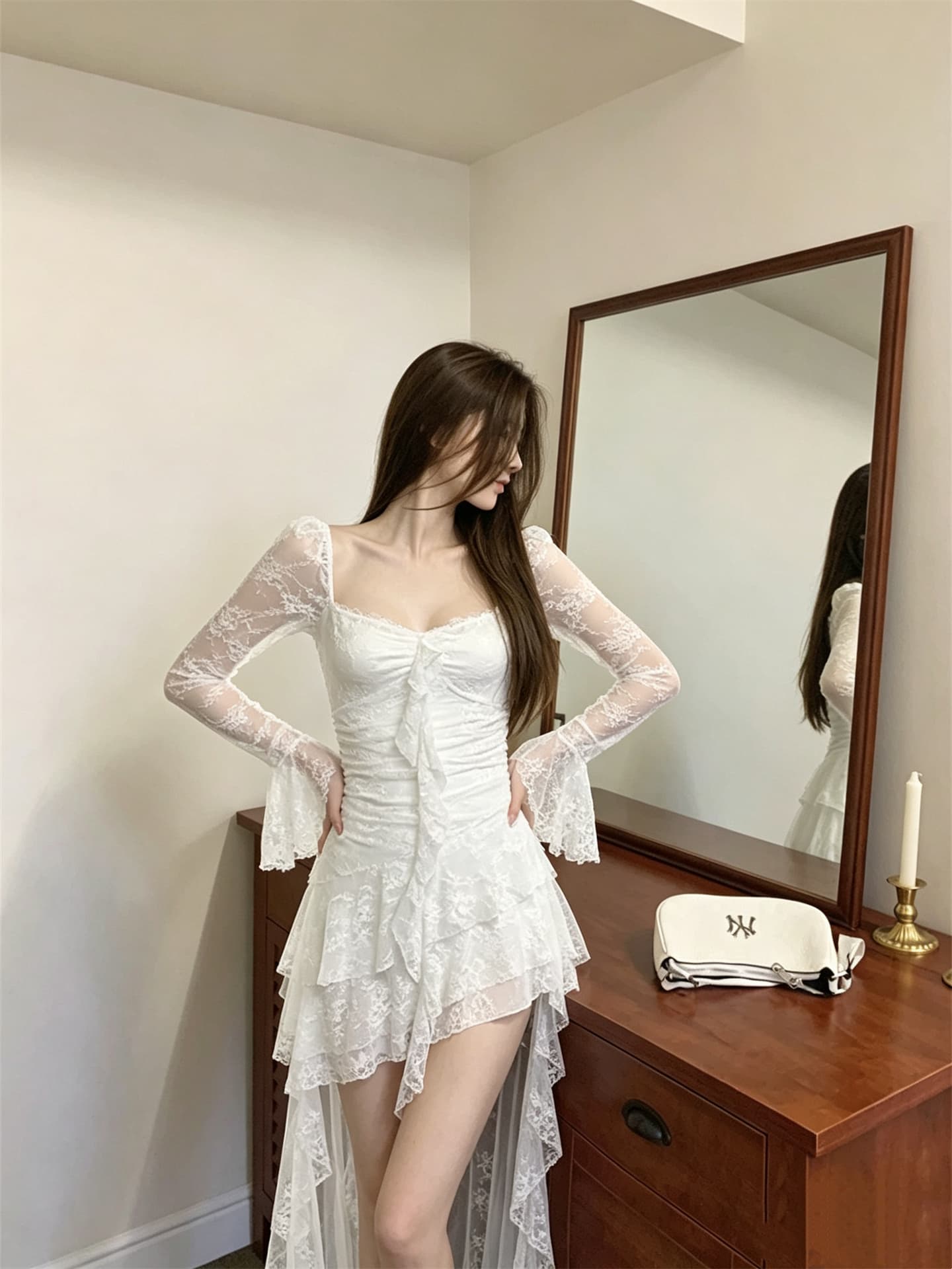 실사 정가 레이스 광장 칼라 긴팔 패치워크 몸매 가꾸기 불규칙 롱 코트 드레스 상세 이미지 10