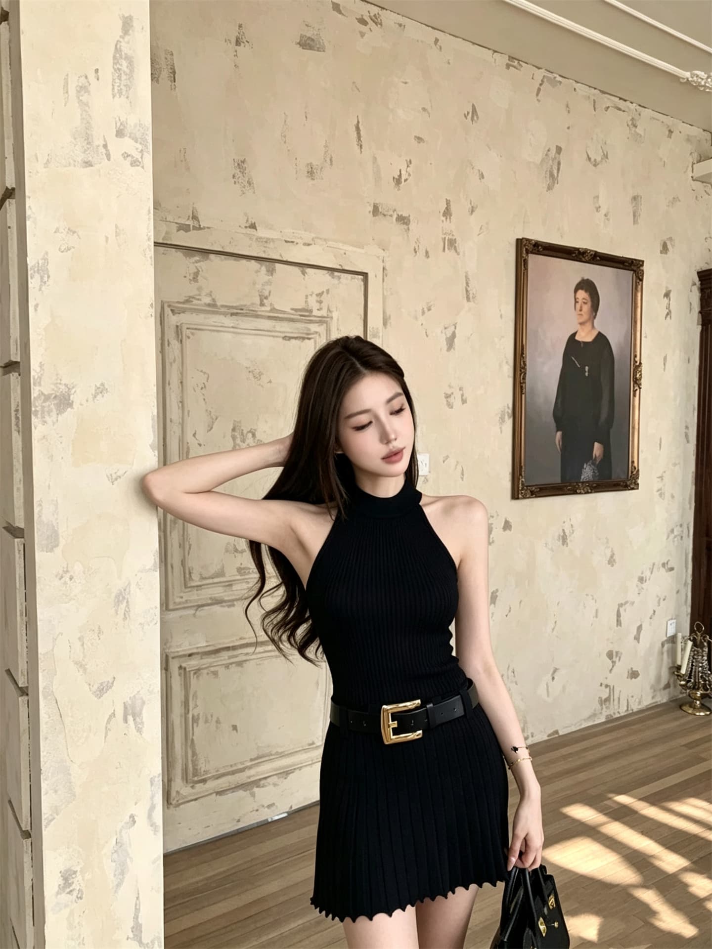 실사 정가 품격 천 골드 센스 몸매 가꾸기 벨트 니트 행침 목 드레스