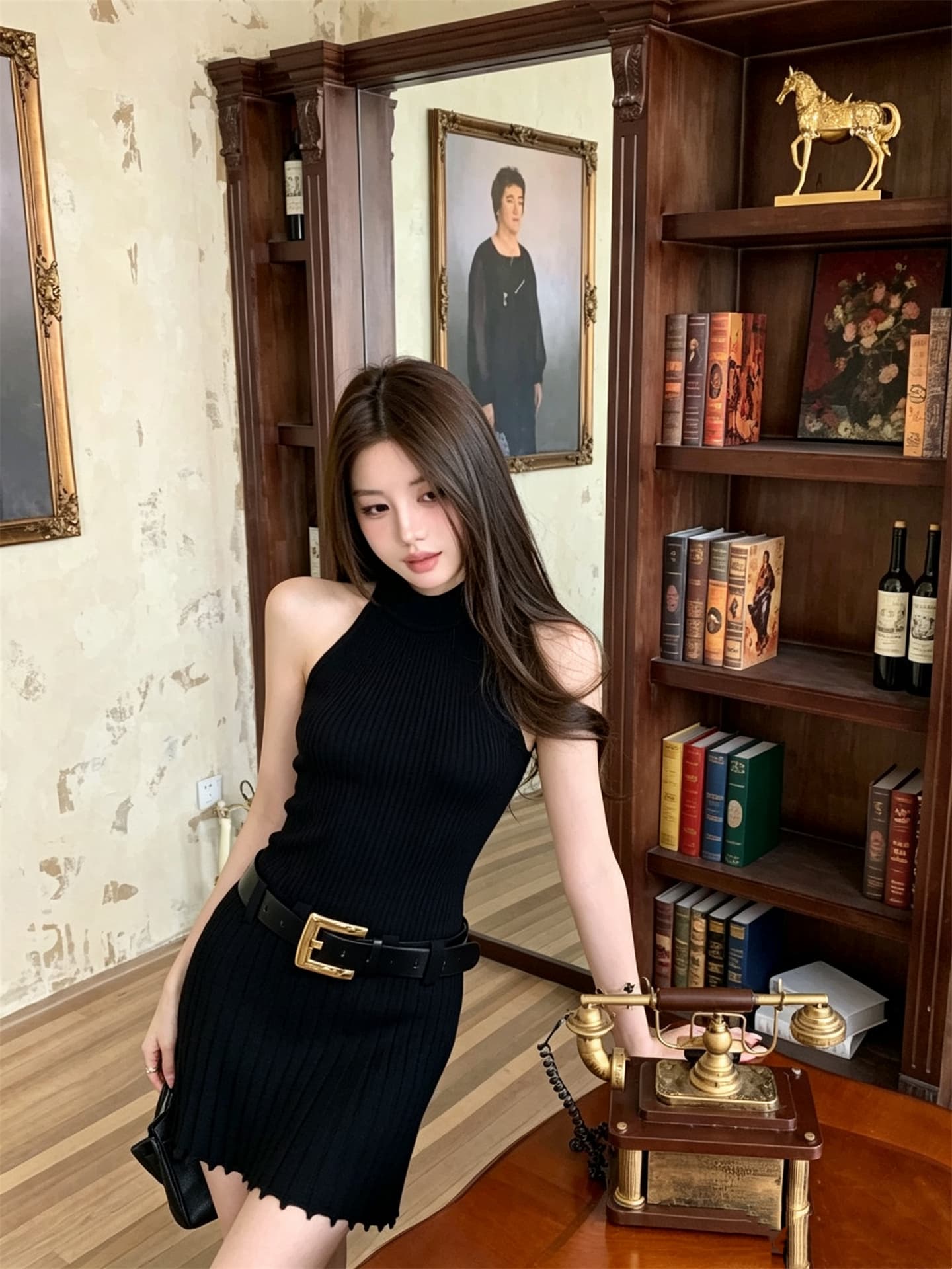 실사 정가 품격 천 골드 센스 몸매 가꾸기 벨트 니트 행침 목 드레스 상세 이미지 5
