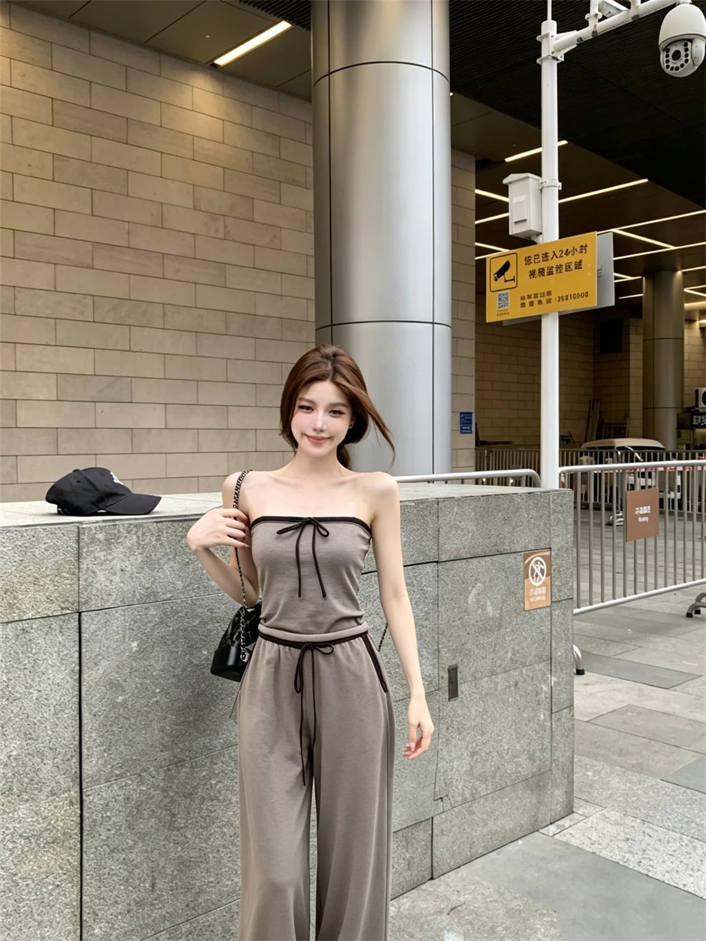 실사 정가 한 부서 느슨함 센스 패치워크 색상 튜브탑 긴 바지 투피스 세트 세트 상세 이미지 1