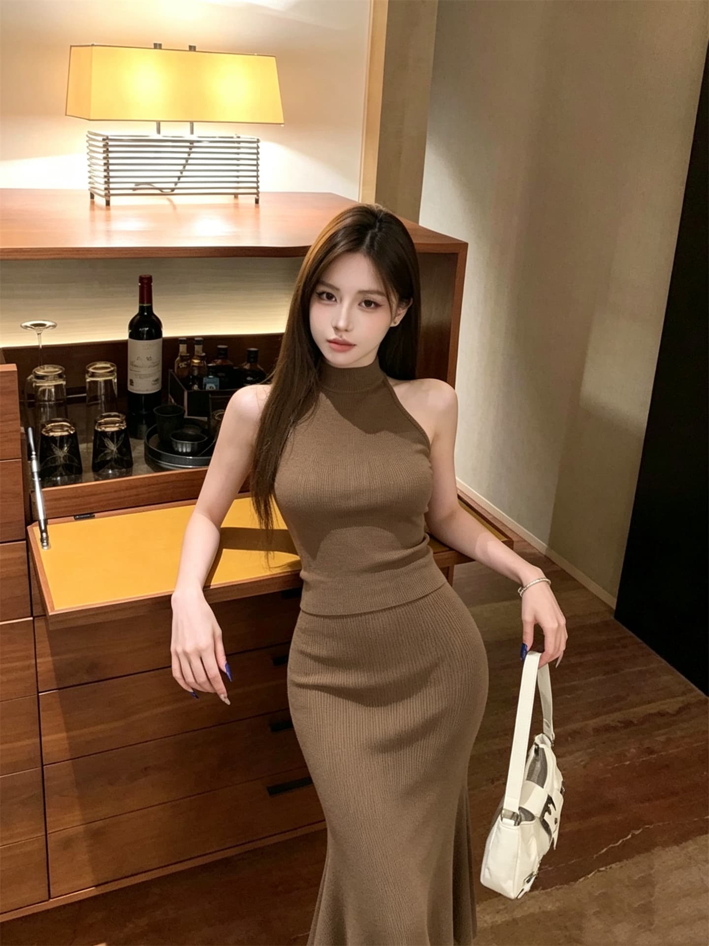 실사 정가 커피 색상 빛 요리 한 레트로 스타일 몸매 가꾸기 행침 목 니트 맨위 타이트 스커트 인어 꼬리 반신 스커트 세트 상세 이미지 4