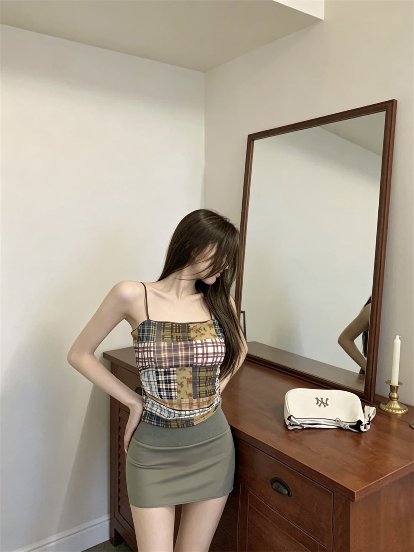 실사 정가 레트로 패치워크 색상 체크무늬 망사 슬립 다용도 캐주얼 반신 미니 스커트 이미지 4