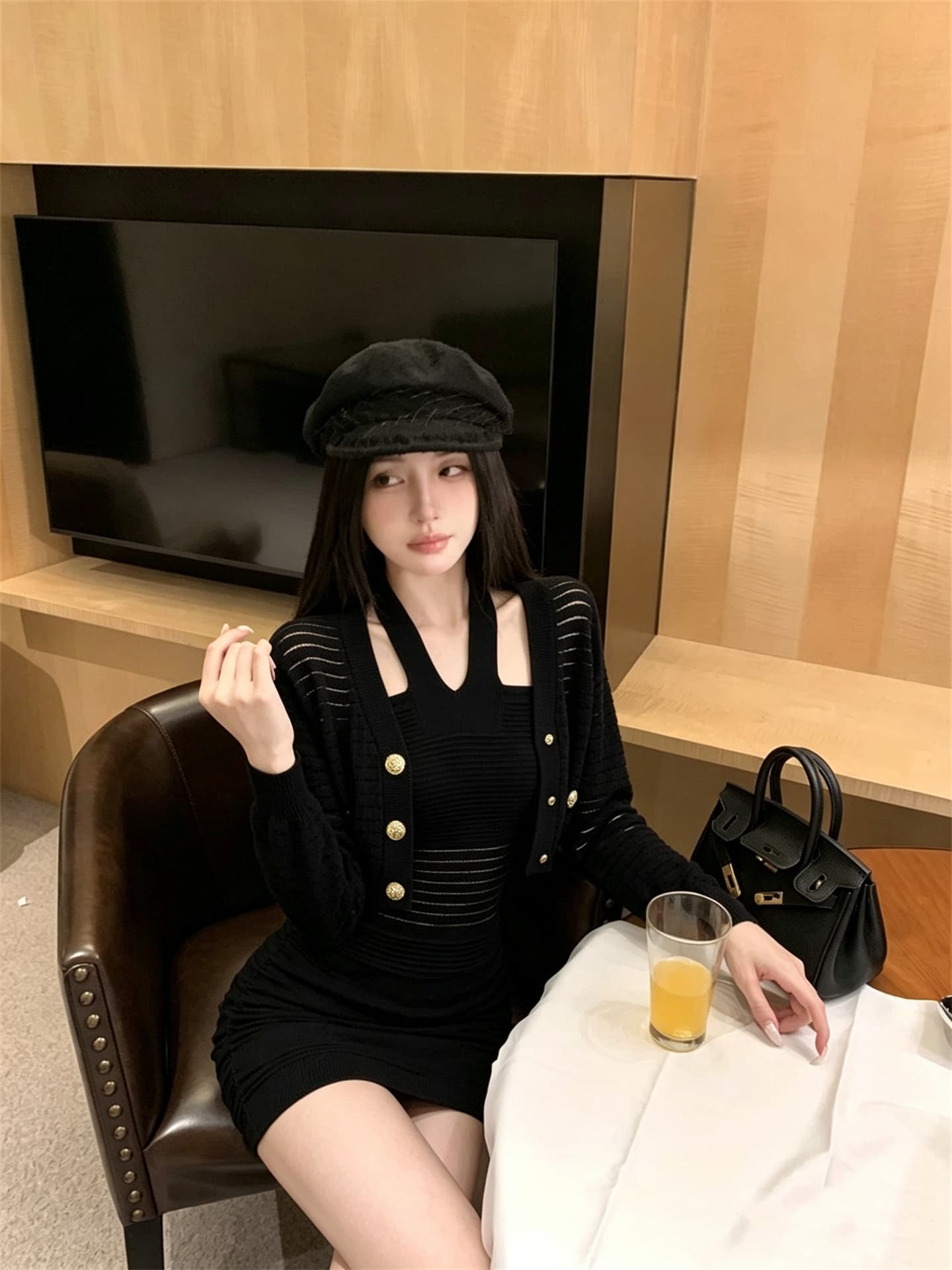 실사 정가 명문 여성 바람 질감 스트라이프 몸매 가꾸기 행침 목 드레스 쇼트 스타일 카디건 코트 투피스 세트 상세 이미지 8