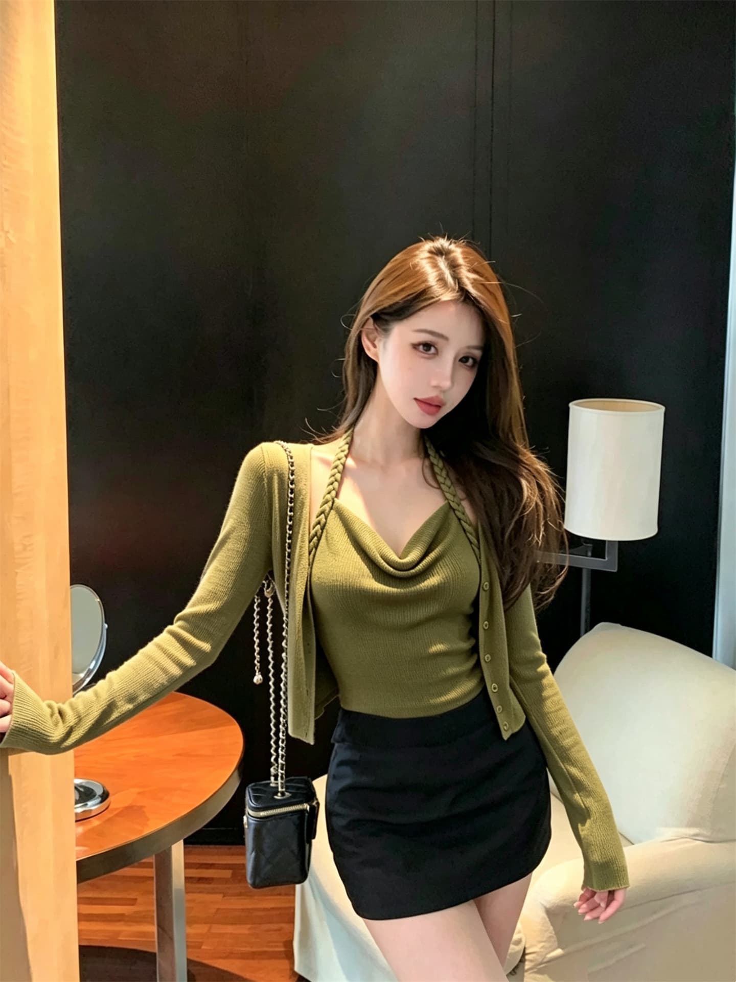 실사 정가 흔들다 칼라 꽈배기 드리다 백리스 행침 목 맨위 쇼트 스타일 작은 열림 셔츠 투피스 세트