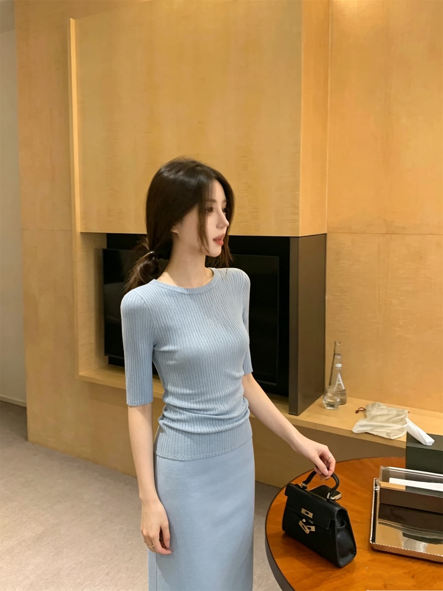실사 정가 한 부서 미니멀리즘 단색 baby 블루 맨위 타이트 스커트 반신 슬림해 보이는 치마 상세 이미지 10