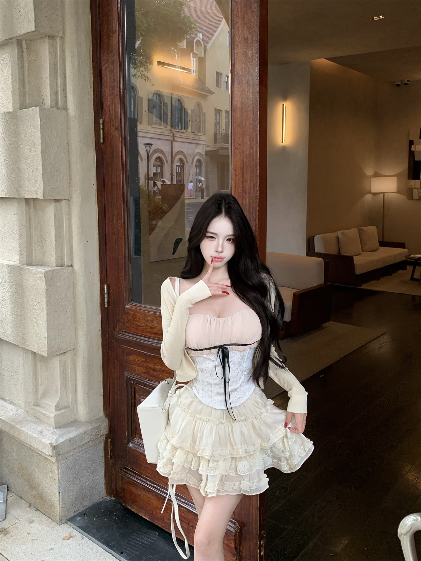 실사 정가 천 골드 센스 레이스 나비 매듭 배색 튜브탑 자르다 어깨 니트 오픈 가디건 하이웨이스트 퍼프 케이크 드레스