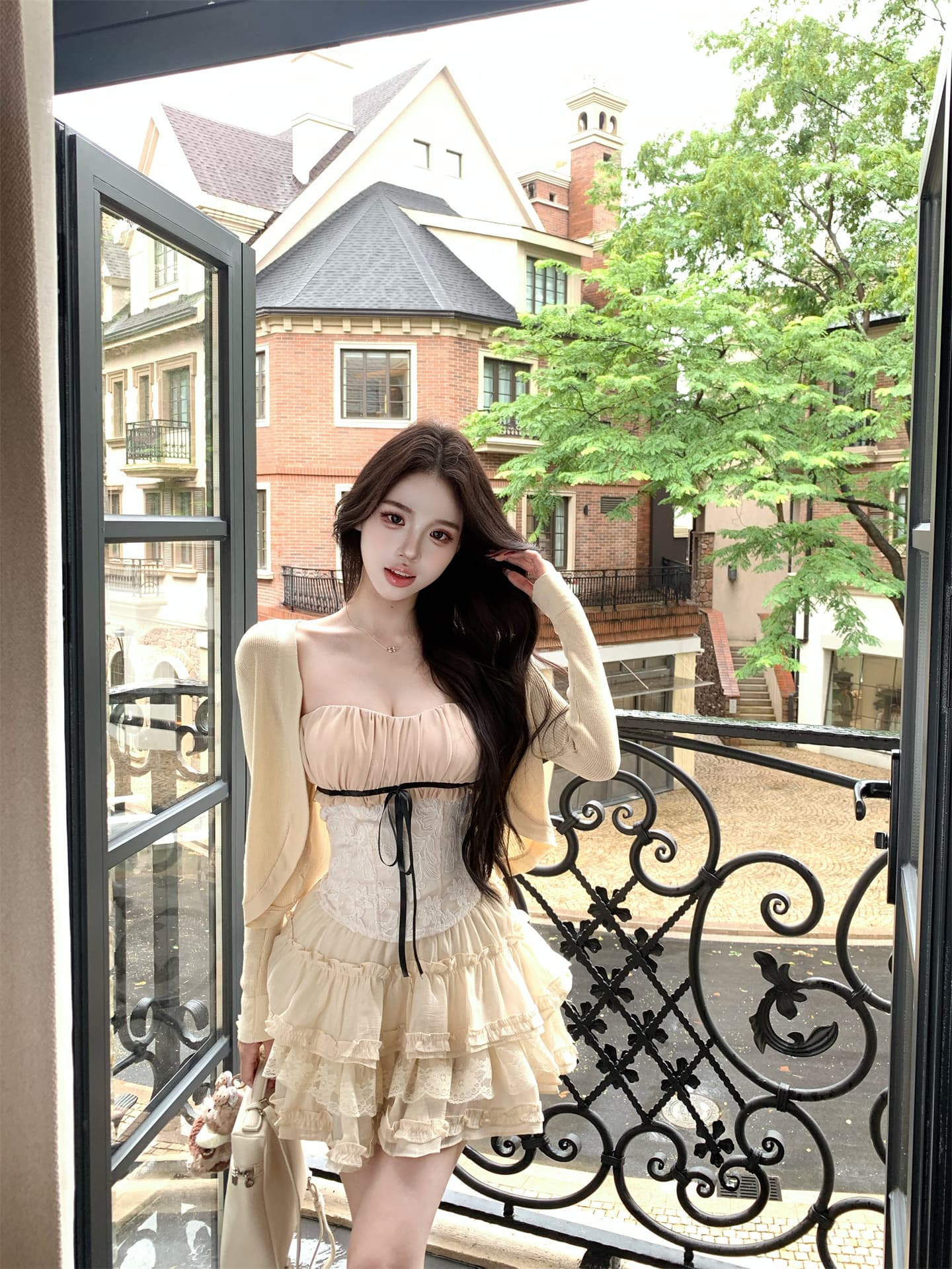 실사 정가 천 골드 센스 레이스 나비 매듭 배색 튜브탑 자르다 어깨 니트 오픈 가디건 하이웨이스트 퍼프 케이크 드레스 이미지 3