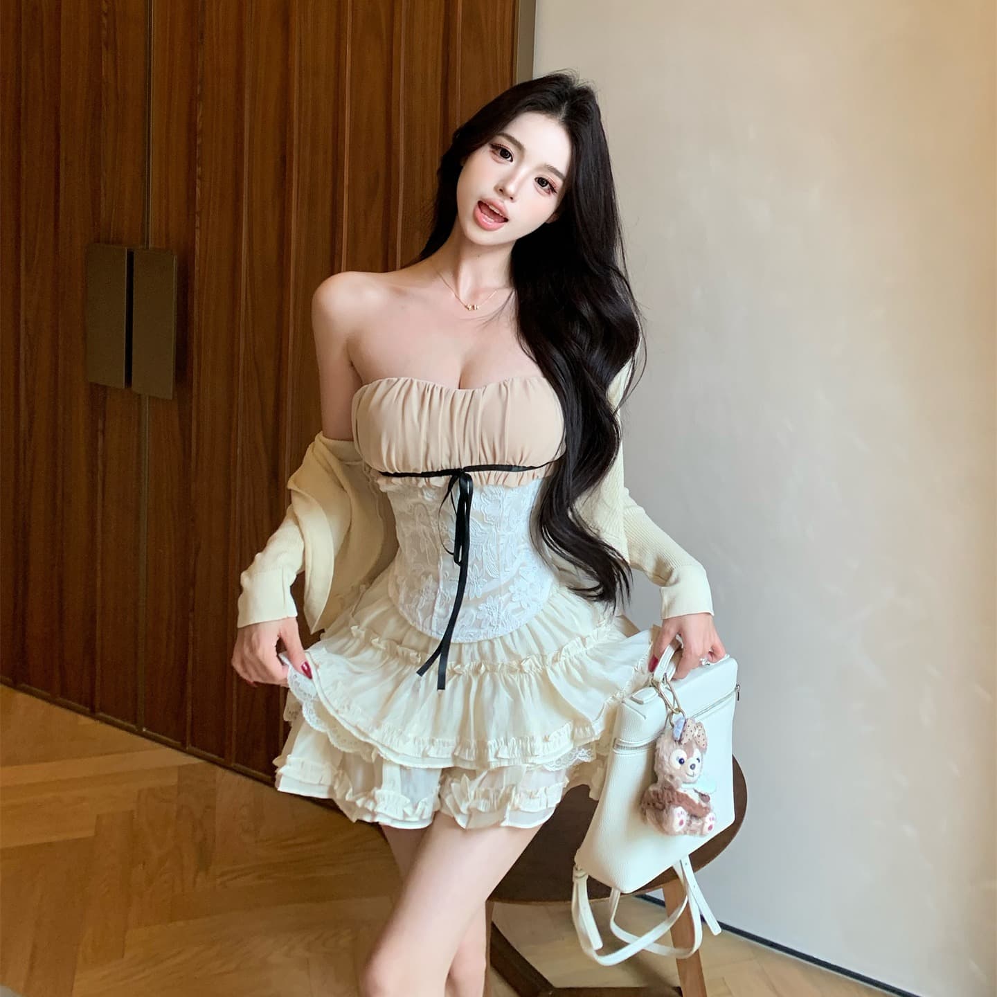 실사 정가 천 골드 센스 레이스 나비 매듭 배색 튜브탑 자르다 어깨 니트 오픈 가디건 하이웨이스트 퍼프 케이크 드레스 이미지 5