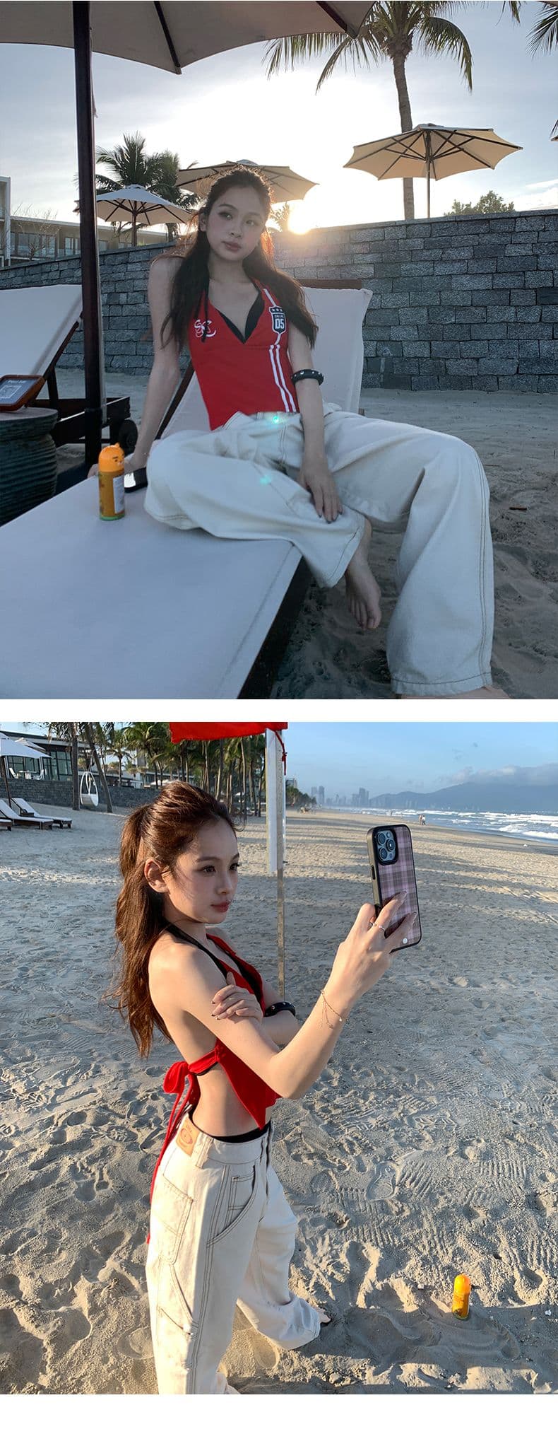 봄 여름 신제품 휴가 후추 색상 생생한 ~보다 아름다운 기타 중요 표지 고기 와이드 레그 팬츠 상세 이미지 5