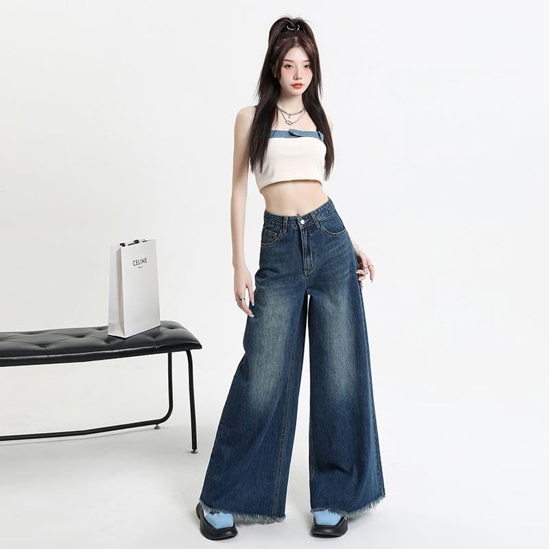 워싱 레트로 이문화 블랙 회색 넓은 다리 데님 바닥 닦기 바지 코끼리 다리 대 바지 거친 가장자리 발 측면 이미지 5
