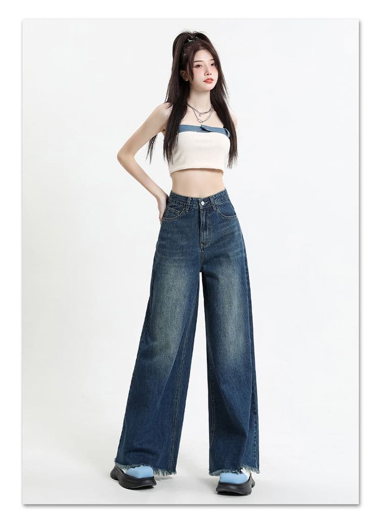 워싱 레트로 이문화 블랙 회색 넓은 다리 데님 바닥 닦기 바지 코끼리 다리 대 바지 거친 가장자리 발 측면 상세 이미지 13