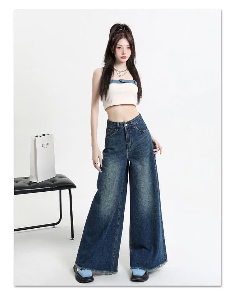 워싱 레트로 이문화 블랙 회색 넓은 다리 데님 바닥 닦기 바지 코끼리 다리 대 바지 거친 가장자리 발 측면 상세 이미지 15