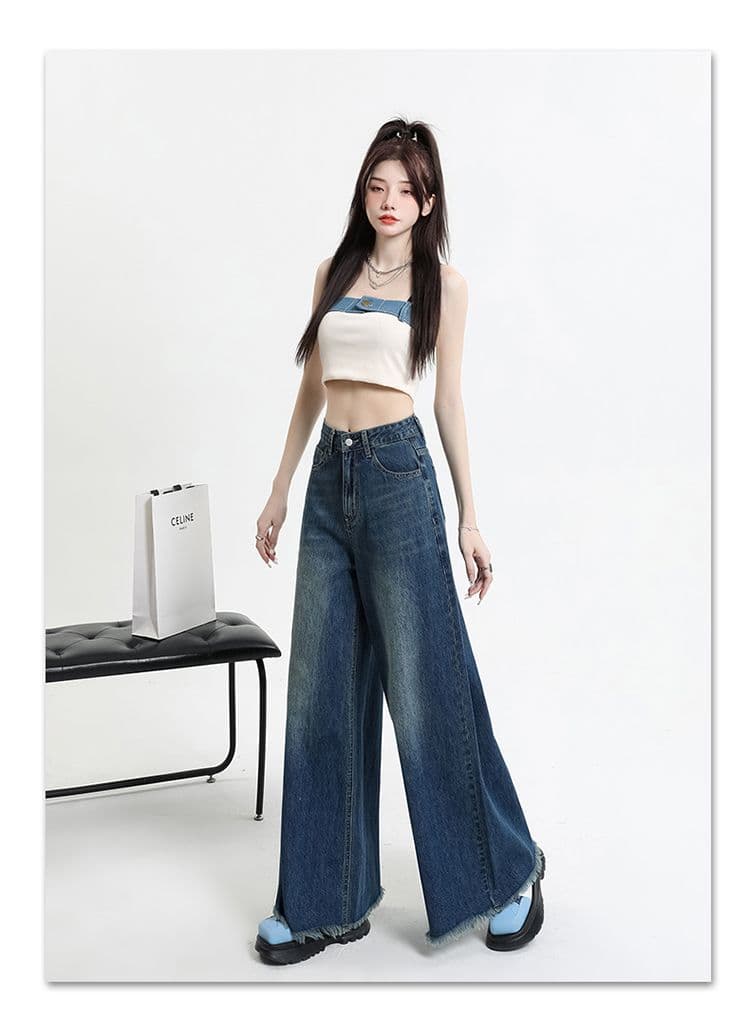워싱 레트로 이문화 블랙 회색 넓은 다리 데님 바닥 닦기 바지 코끼리 다리 대 바지 거친 가장자리 발 측면 상세 이미지 16