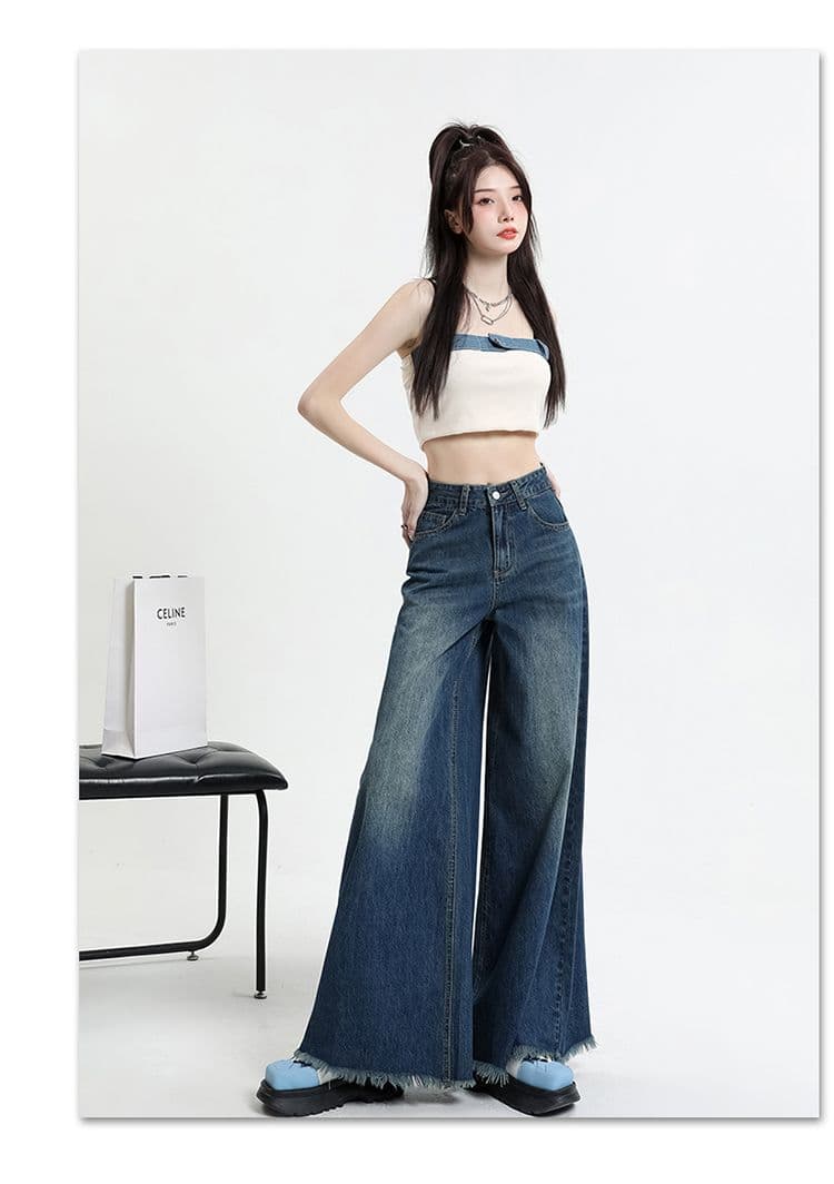 워싱 레트로 이문화 블랙 회색 넓은 다리 데님 바닥 닦기 바지 코끼리 다리 대 바지 거친 가장자리 발 측면 상세 이미지 17