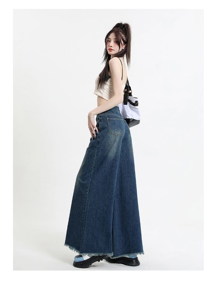 워싱 레트로 이문화 블랙 회색 넓은 다리 데님 바닥 닦기 바지 코끼리 다리 대 바지 거친 가장자리 발 측면 상세 이미지 19