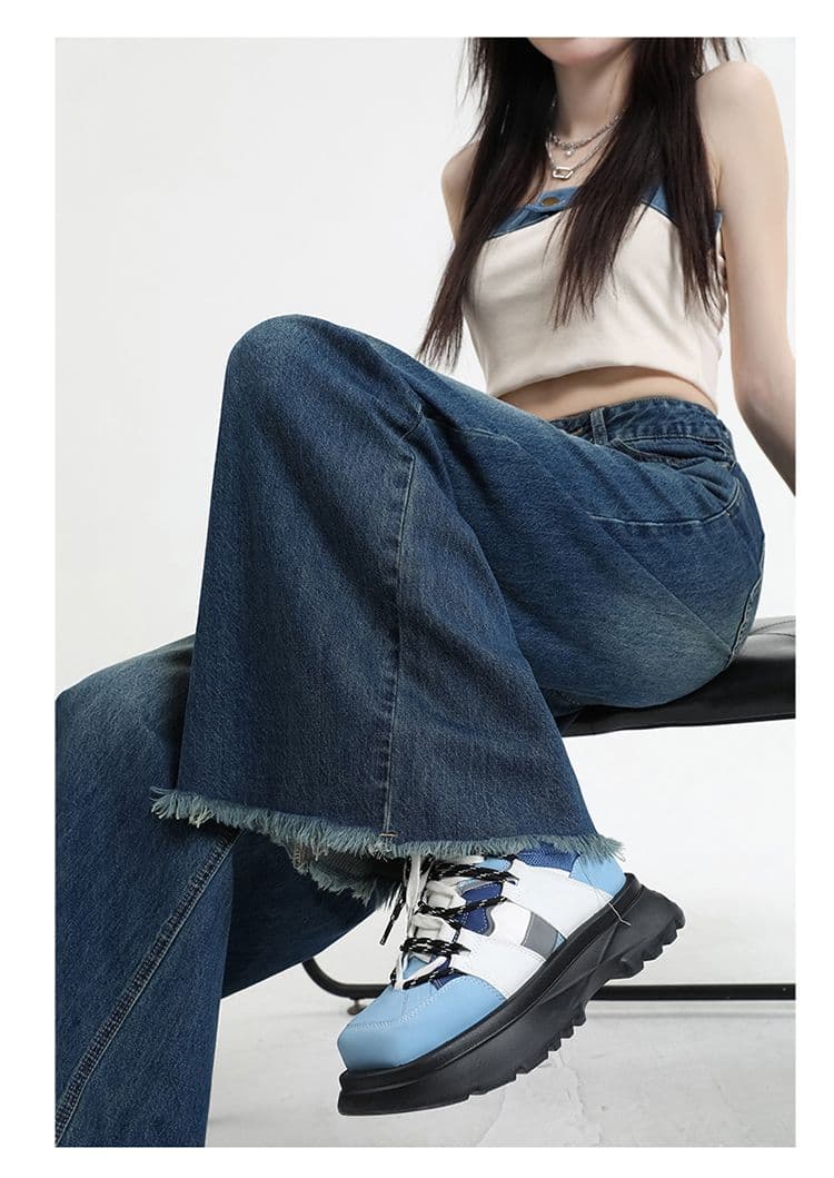 워싱 레트로 이문화 블랙 회색 넓은 다리 데님 바닥 닦기 바지 코끼리 다리 대 바지 거친 가장자리 발 측면 상세 이미지 21