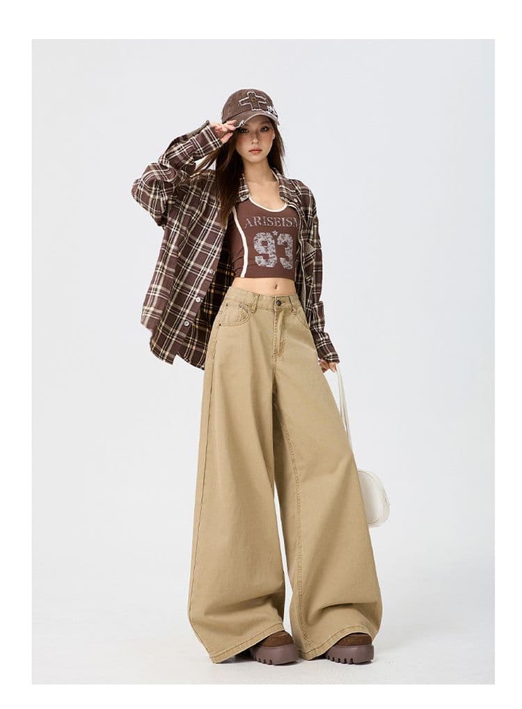 가을 폭발 워시 퇴색 한 순면 원단 하이웨이스트 슬림해 보이는 디자인 루즈핏 대 넓은 다리 캐주얼 바지 여성 상세 이미지 11