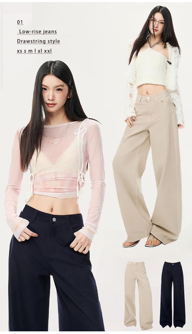 봄 새로운 밀크 티 색상 모통이 칼 스트레이트 루즈핏 해체 디자인 캐주얼 청바지 루즈핏 와이드 레그 팬츠 상세 이미지 2