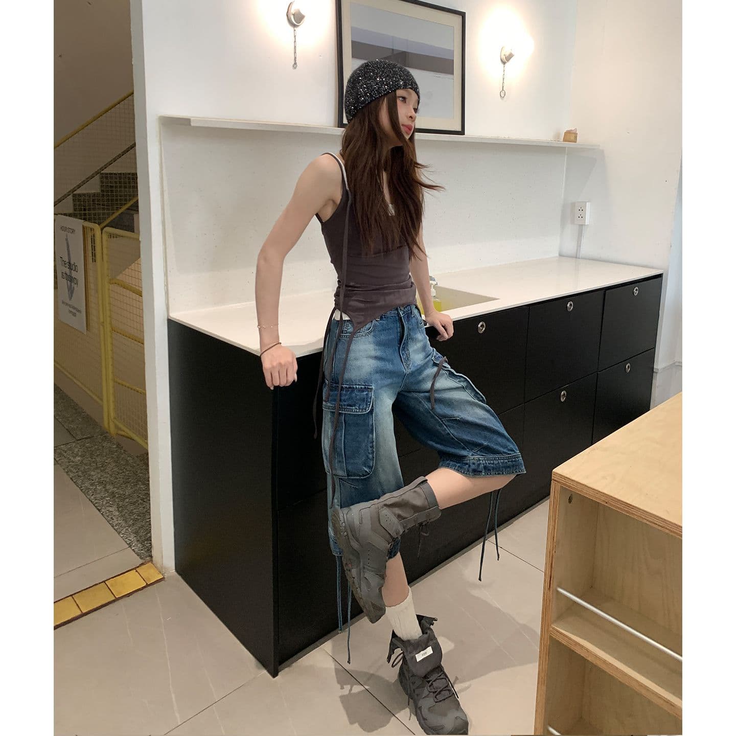 봄 여름 신제품 인기 트렌드 Na 리안 섹션 세련된 느슨함 싱글 제품 워크웨어 단 닝 바지 이미지 3