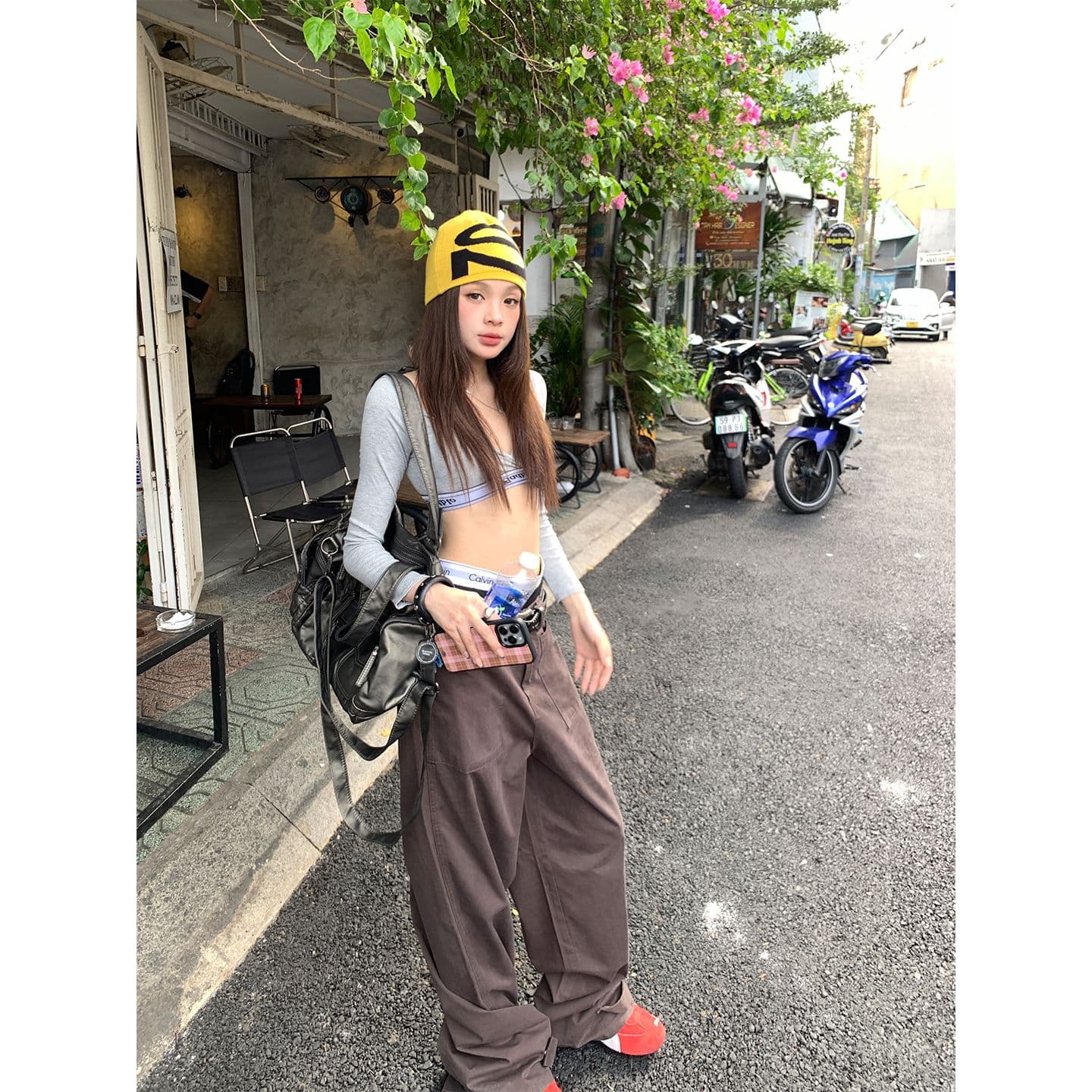 한 여성 일상 차가운 바람의 소리 워크웨어 팬츠 달콤한 차가운 대비 단순한 고급 바지 더블 버클 조절 가능 이미지 4