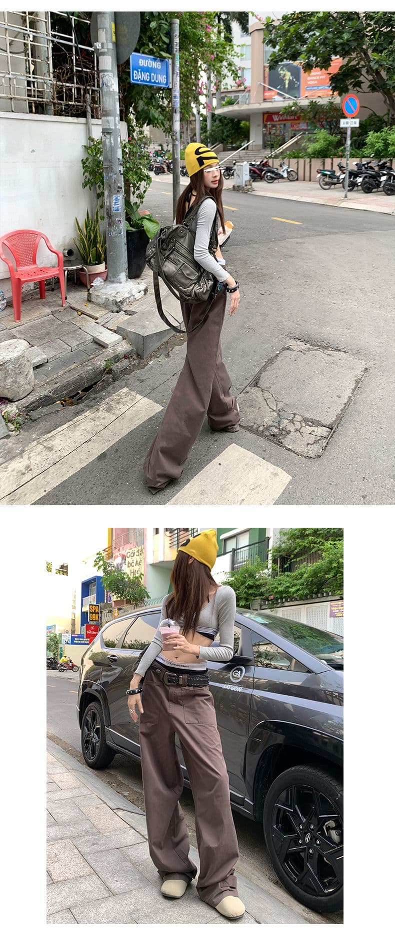 한 여성 일상 차가운 바람의 소리 워크웨어 팬츠 달콤한 차가운 대비 단순한 고급 바지 더블 버클 조절 가능 상세 이미지 5