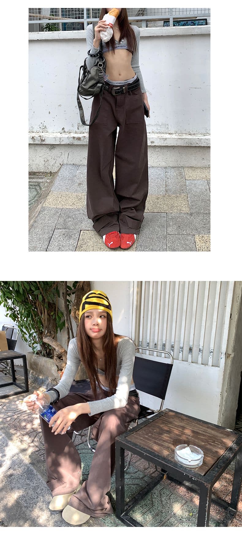 한 여성 일상 차가운 바람의 소리 워크웨어 팬츠 달콤한 차가운 대비 단순한 고급 바지 더블 버클 조절 가능 상세 이미지 6