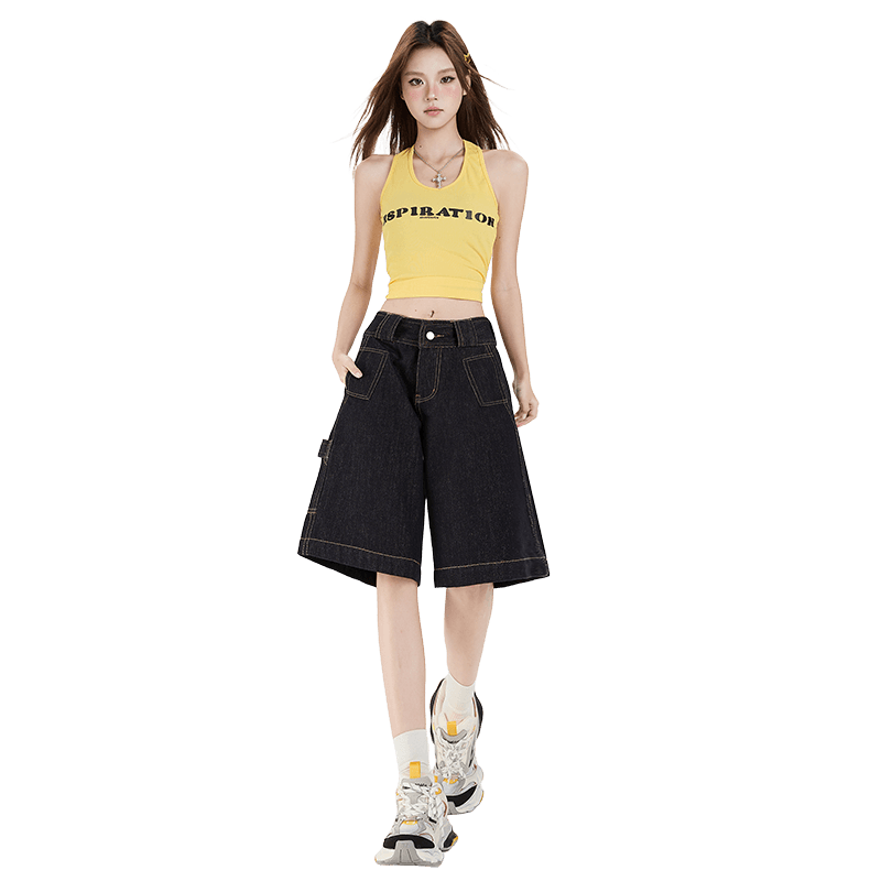 배색 데님 반바지 여성 여름 얇은 스타일 루즈핏 스트레이트 오부 바지 하이웨이스트 슬림해 보이는 레트로 바지 이미지 2