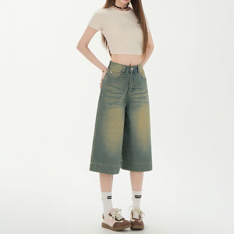 아메리칸 레트로 하늘색 무거운 공예 워싱 털 반드시 루즈핏 넓은 다리 청바지 새로운 튀김 거리 7 점 청바지 이미지 2