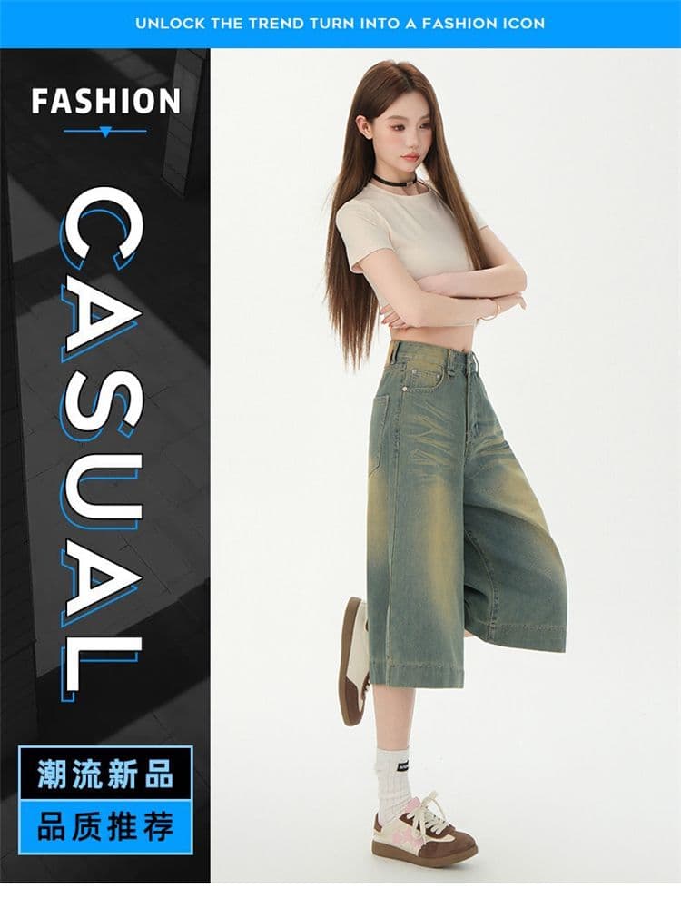 아메리칸 레트로 하늘색 무거운 공예 워싱 털 반드시 루즈핏 넓은 다리 청바지 새로운 튀김 거리 7 점 청바지 상세 이미지 2