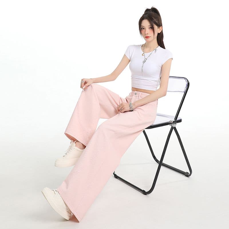봄 여름 새로운 디자인 센스 낫 바지 하이웨이스트 루즈핏 스트레이트 와이드 레그 팬츠 카키 색 바닥 청소 청바지 여성 이미지 5