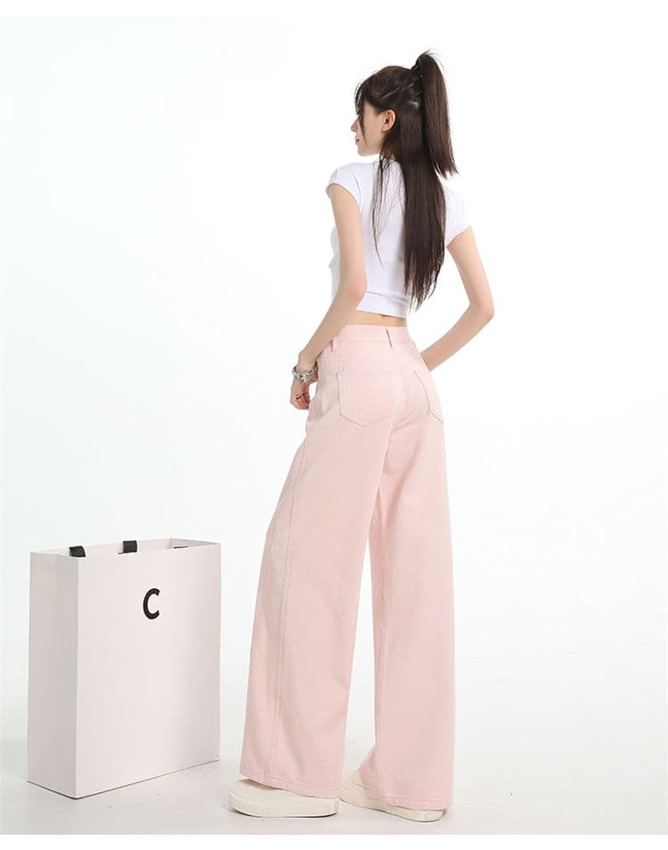 봄 여름 새로운 디자인 센스 낫 바지 하이웨이스트 루즈핏 스트레이트 와이드 레그 팬츠 카키 색 바닥 청소 청바지 여성 상세 이미지 31