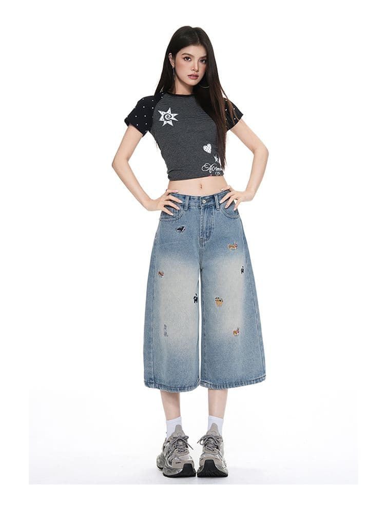아메리칸 레트로 귀신 소녀 하이웨이스트 스트레이트 넓은 다리 강아지 자수 7 점 청바지 여성 상세 이미지 14