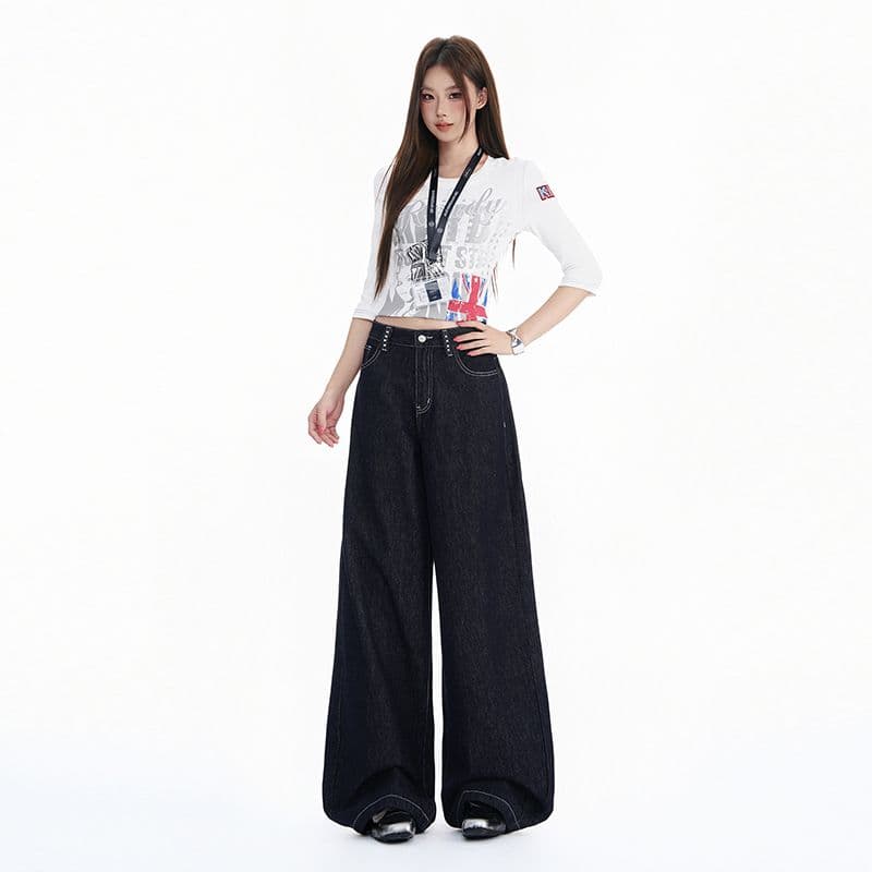 가을 겨울철 새로운 단 니켈 블루 국방 퇴색하다 워싱 수공 마오 못 디자인 센스 중간 허리 루즈핏 넓은 다리 청바지 여성