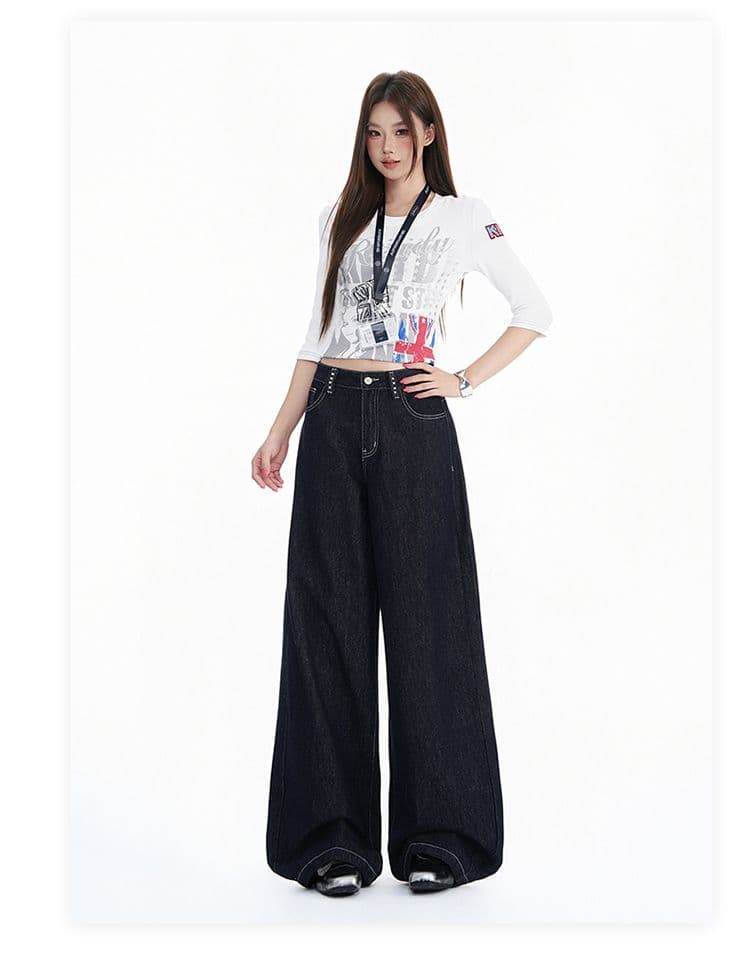 가을 겨울철 새로운 단 니켈 블루 국방 퇴색하다 워싱 수공 마오 못 디자인 센스 중간 허리 루즈핏 넓은 다리 청바지 여성 상세 이미지 9