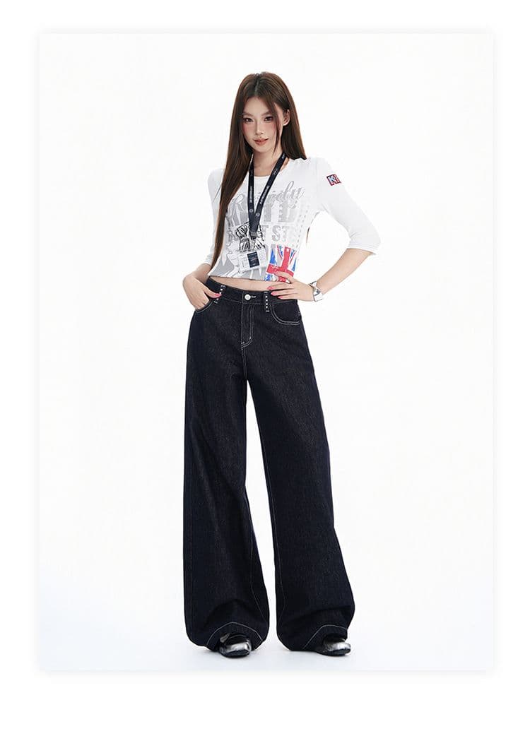 가을 겨울철 새로운 단 니켈 블루 국방 퇴색하다 워싱 수공 마오 못 디자인 센스 중간 허리 루즈핏 넓은 다리 청바지 여성 상세 이미지 10