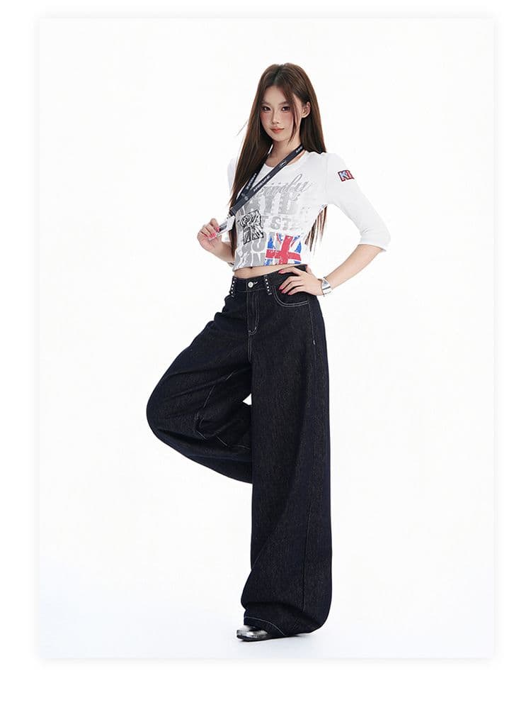 가을 겨울철 새로운 단 니켈 블루 국방 퇴색하다 워싱 수공 마오 못 디자인 센스 중간 허리 루즈핏 넓은 다리 청바지 여성 상세 이미지 11