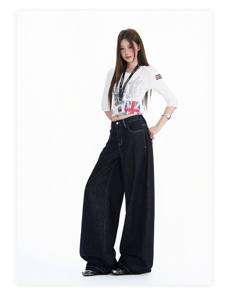 가을 겨울철 새로운 단 니켈 블루 국방 퇴색하다 워싱 수공 마오 못 디자인 센스 중간 허리 루즈핏 넓은 다리 청바지 여성 상세 이미지 15
