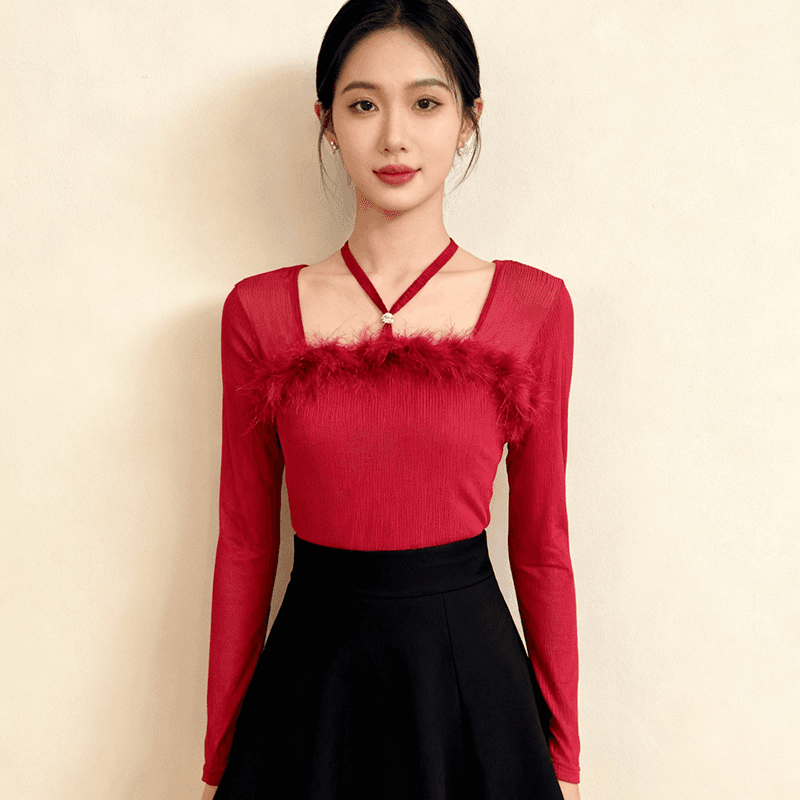 봄 새로운 디자인 센스 Chic 한 단어 모피 칼라 비즈 박기 다이아몬드 세팅 버클 면 티셔츠 긴팔 망사 여성 셔츠 질량 지금 이미지 5