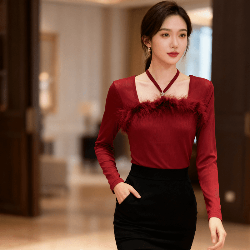 봄 새로운 디자인 센스 Chic 한 단어 모피 칼라 비즈 박기 다이아몬드 세팅 버클 면 티셔츠 긴팔 망사 여성 셔츠 질량 지금 이미지 2