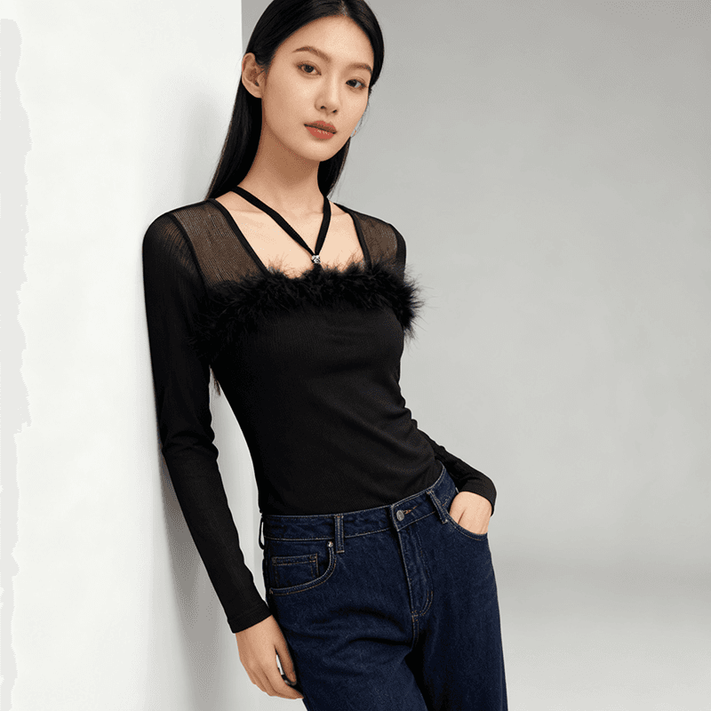 봄 새로운 디자인 센스 Chic 한 단어 모피 칼라 비즈 박기 다이아몬드 세팅 버클 면 티셔츠 긴팔 망사 여성 셔츠 질량 지금 이미지 4