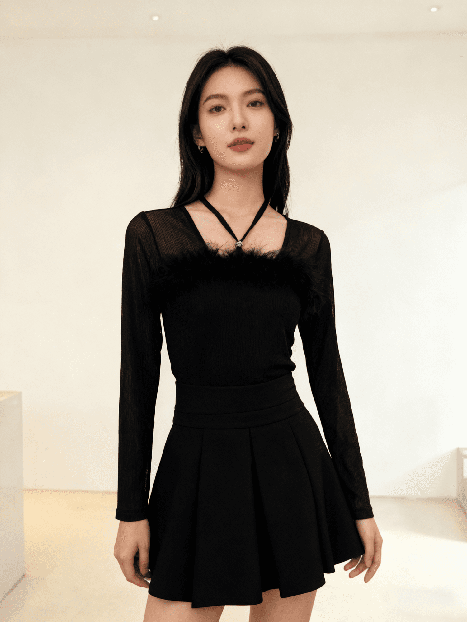 봄 새로운 디자인 센스 Chic 한 단어 모피 칼라 비즈 박기 다이아몬드 세팅 버클 면 티셔츠 긴팔 망사 여성 셔츠 질량 지금 상세 이미지 4