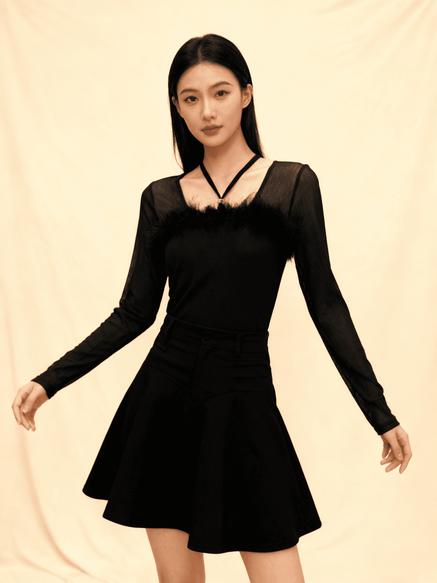 봄 새로운 디자인 센스 Chic 한 단어 모피 칼라 비즈 박기 다이아몬드 세팅 버클 면 티셔츠 긴팔 망사 여성 셔츠 질량 지금 상세 이미지 5